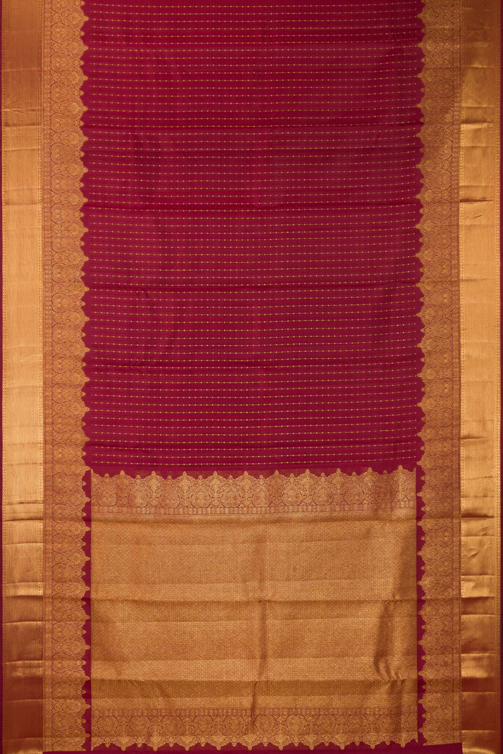 Flat view of Pure Silk Maroon Kanjivaram Saree with Zari Butta on the body and Fancy Border. 