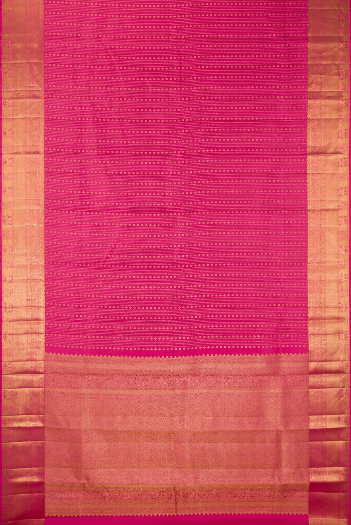 Flat view of Pure Silk Pink Kanjivaram Saree with Stripes on the body and Zari Border. 