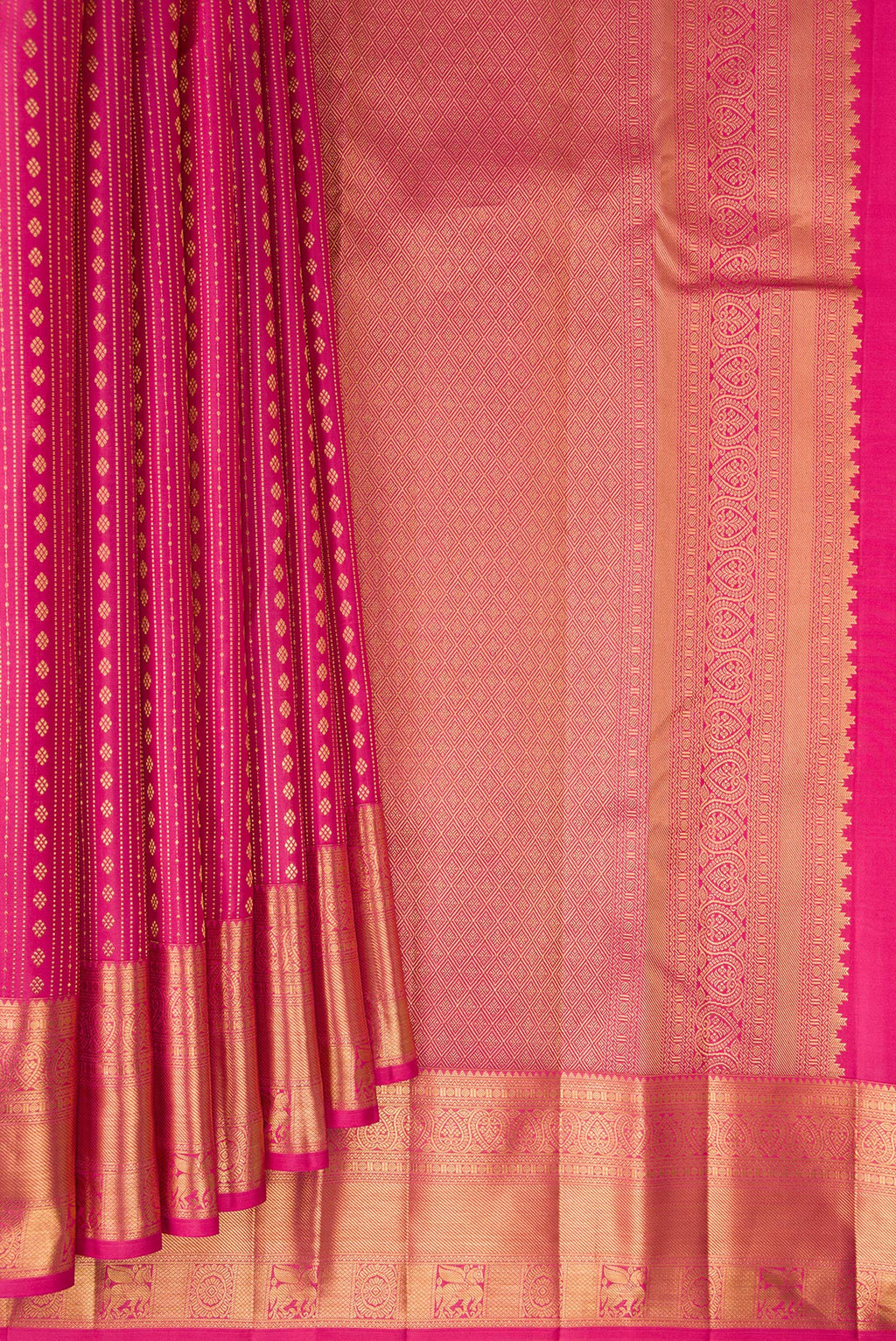 Pleats and pallu of Pure Silk Pink Kanjivaram Saree with Stripes on the body and Zari Border. 