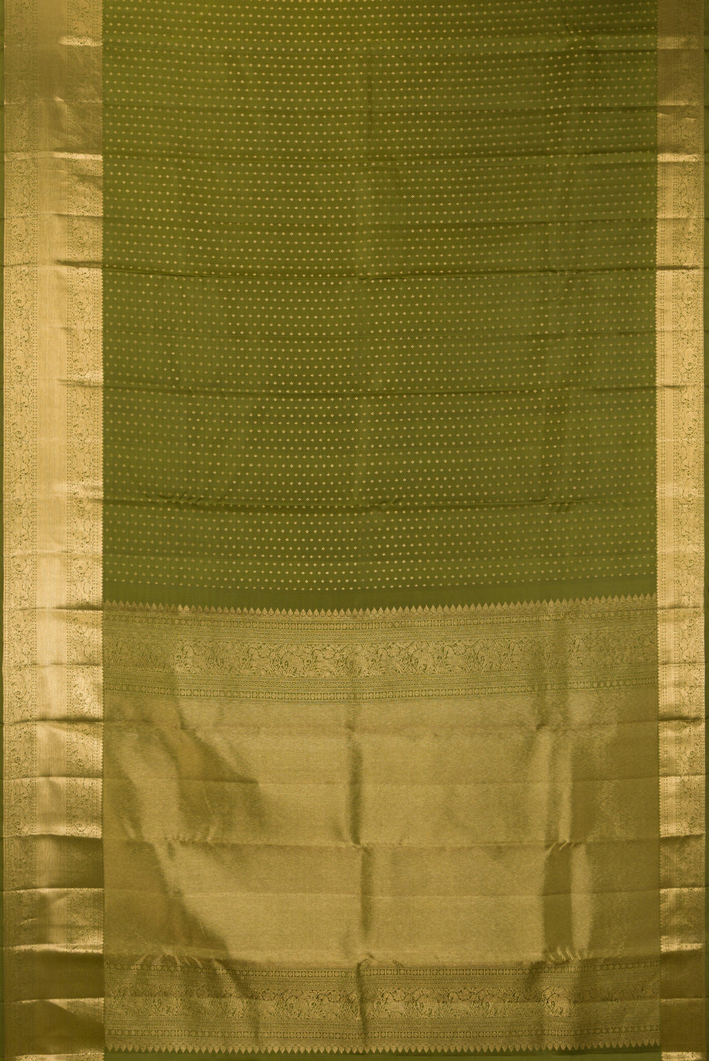 Flat view of Pure Silk Mehandi Green Kanjivaram Saree with Zari Butta on the body and Zari Border. 