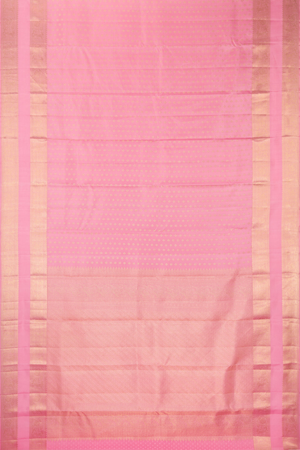 Flat view of Pure Silk Rose pink Kanjivaram Saree with Zari Butta on the body and Zari Border. 