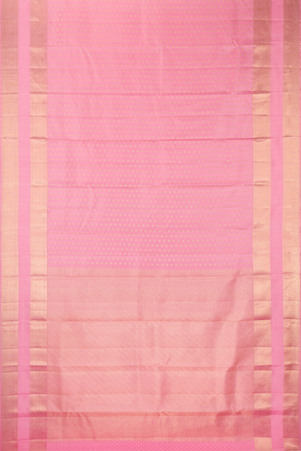 Flat view of Pure Silk Rose pink Kanjivaram Saree with Zari Butta on the body and Zari Border. 
