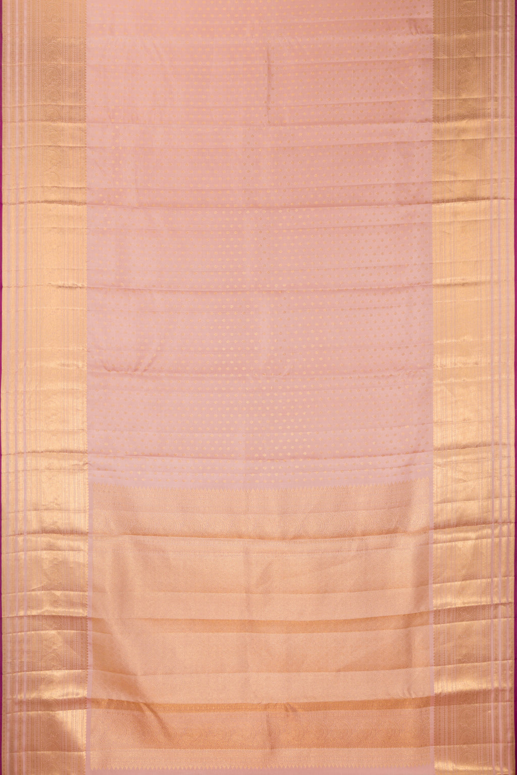 Flat view of Pure Silk Golden Peach Kanjivaram Saree with Zari Butta on the body and Zari Border. 