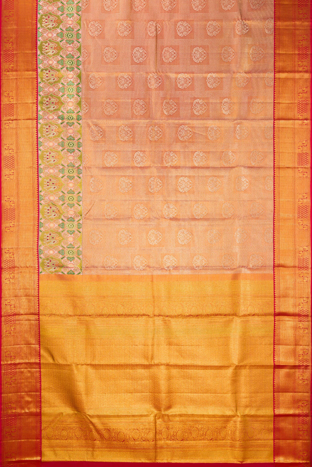 Flat view of Red Dual Tone Kanjivaram Tissue Saree with Zari Brocade on the body and Fancy Border. 
