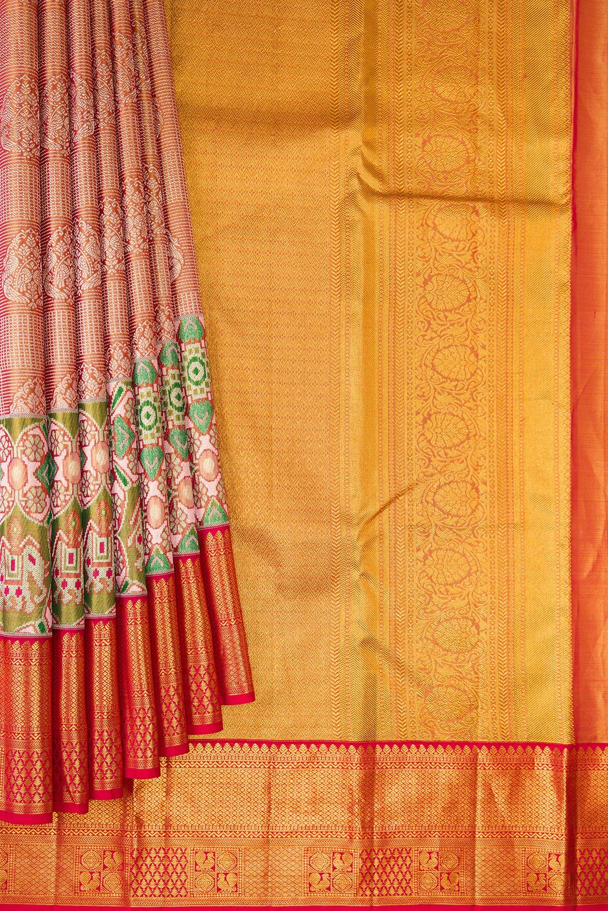Pleats and pallu of Red Dual Tone Kanjivaram Tissue Saree with Zari Brocade on the body and Fancy Border. 