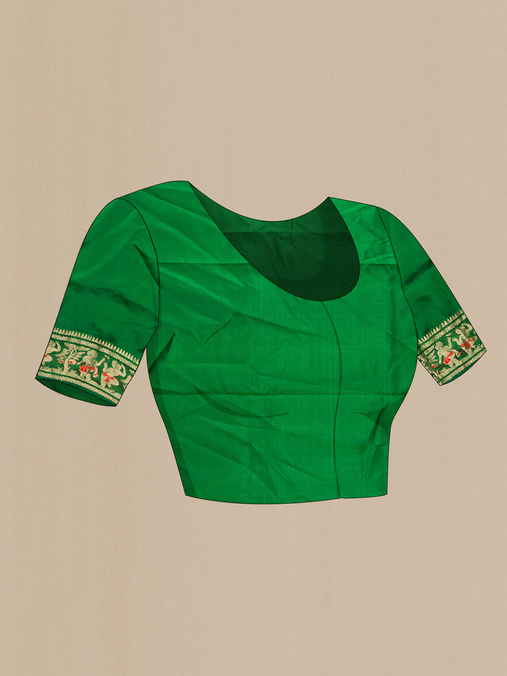 Close up image of the blouse of Pure Silk Green Baluchari Saree with Zari And Thread Butta on the body and Fancy Border. 