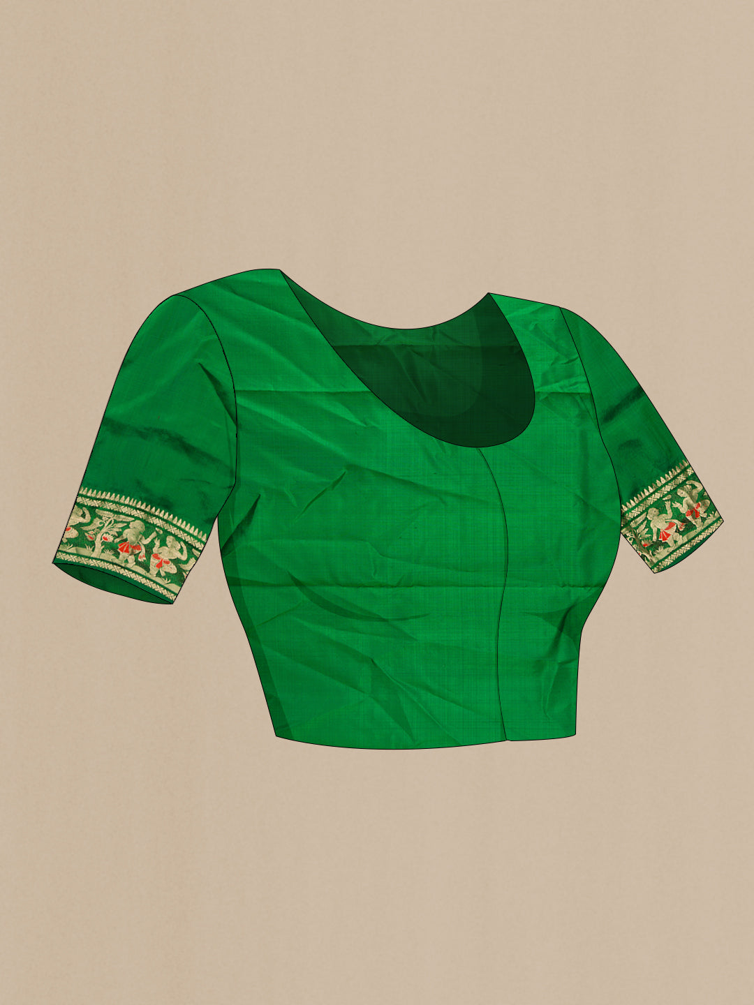 Close up image of the blouse of Pure Silk Green Baluchari Saree with Zari And Thread Butta on the body and Fancy Border. 