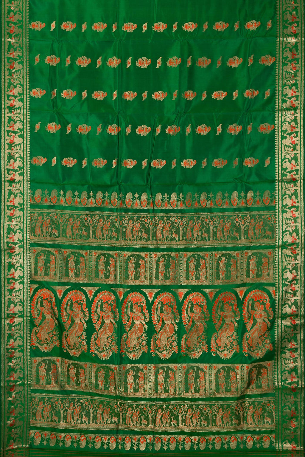Flat view of Pure Silk Green Baluchari Saree with Zari And Thread Butta on the body and Fancy Border. 