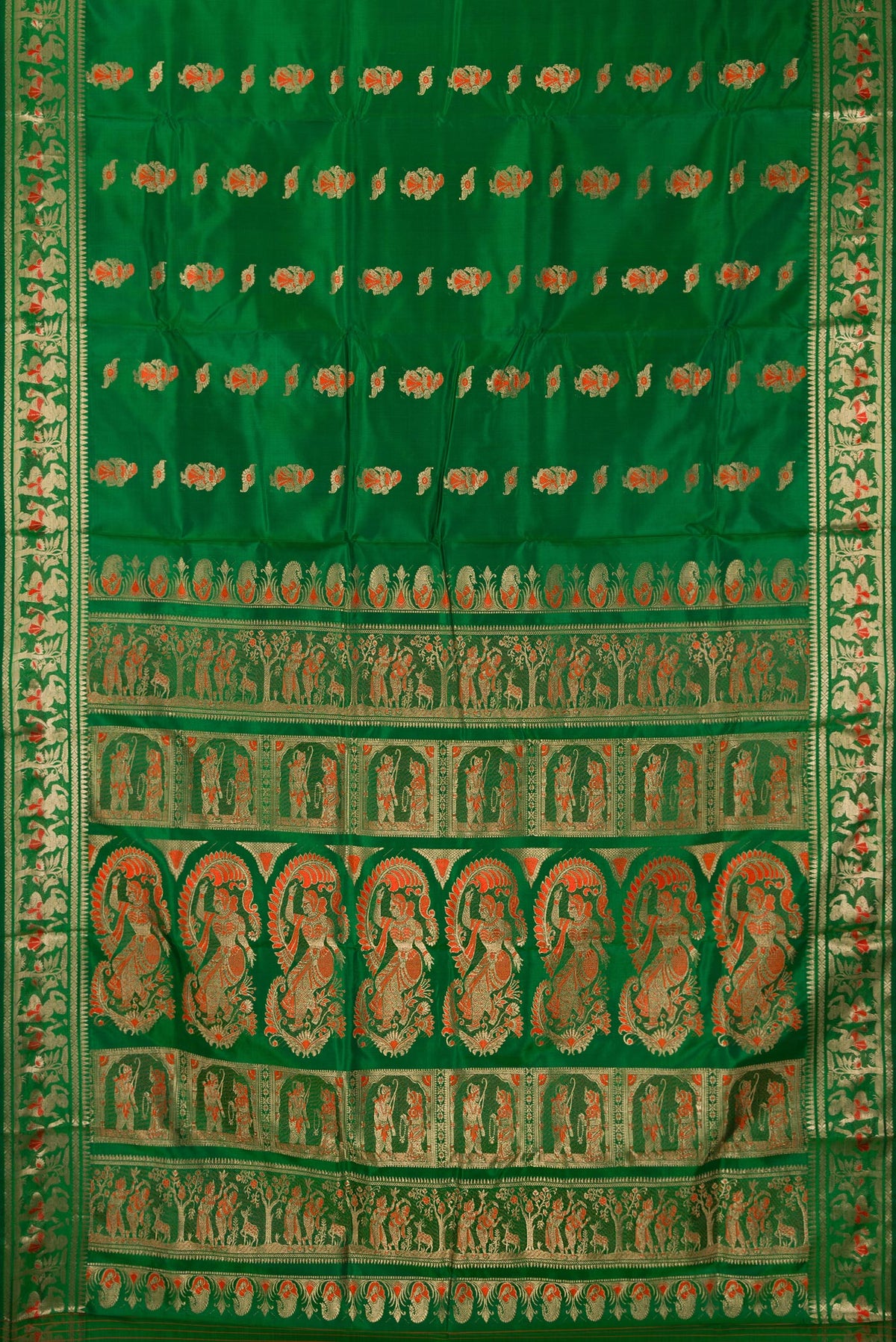 Flat view of Pure Silk Green Baluchari Saree with Zari And Thread Butta on the body and Fancy Border. 