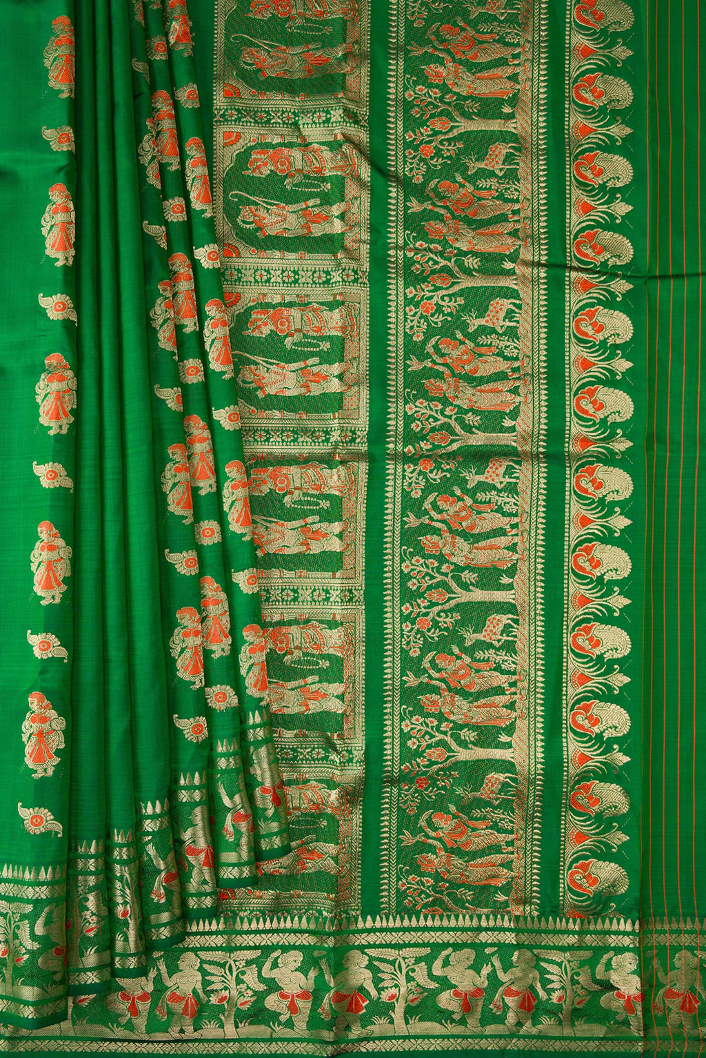 Pleats and pallu of Pure Silk Green Baluchari Saree with Zari And Thread Butta on the body and Fancy Border. 