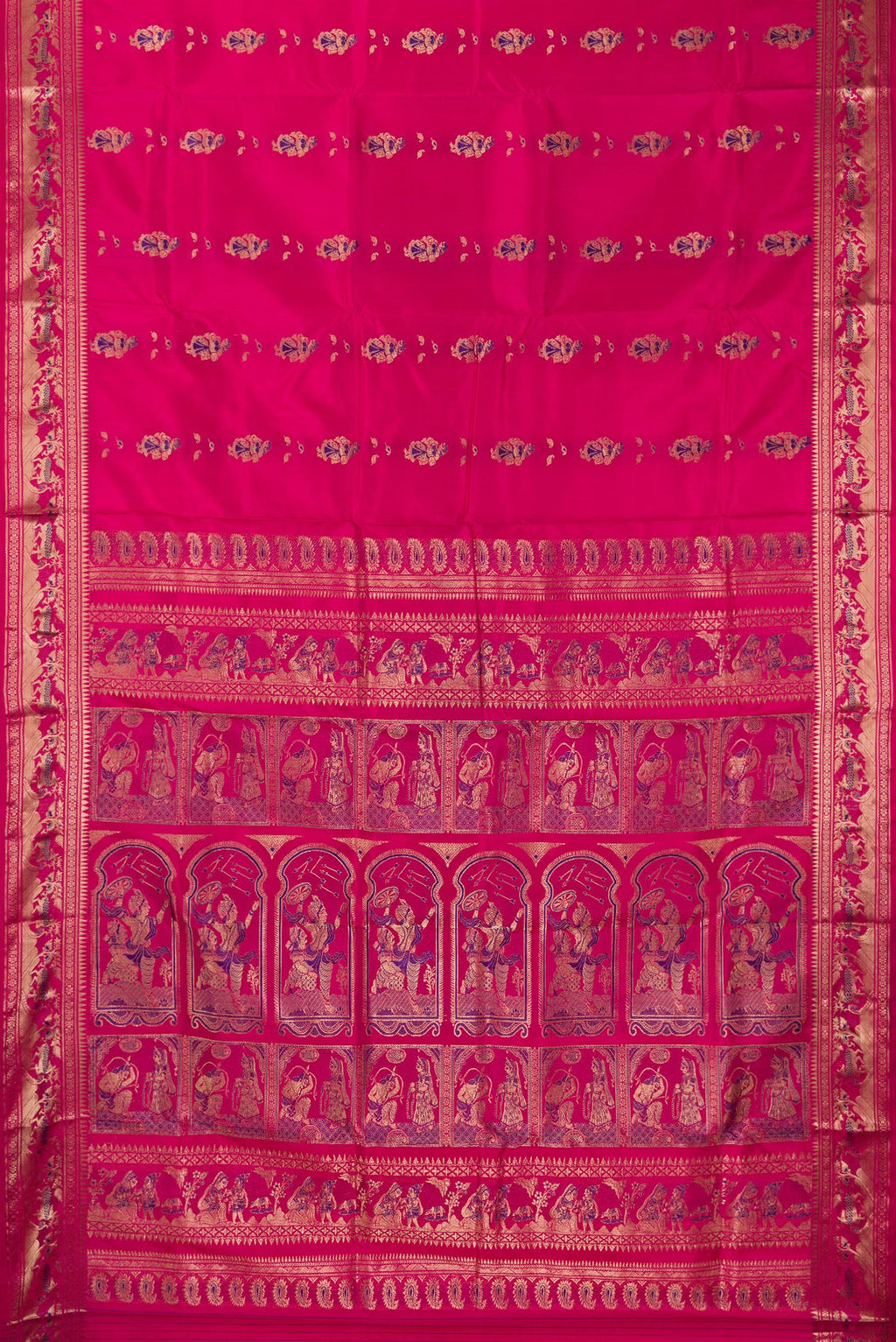 Flat view of Pure Silk Pink Baluchari Saree with Zari And Thread Butta on the body and Zari And Thread Border. 