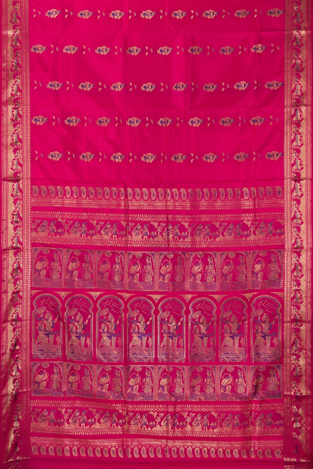 Flat view of Pure Silk Pink Baluchari Saree with Zari And Thread Butta on the body and Zari And Thread Border. 