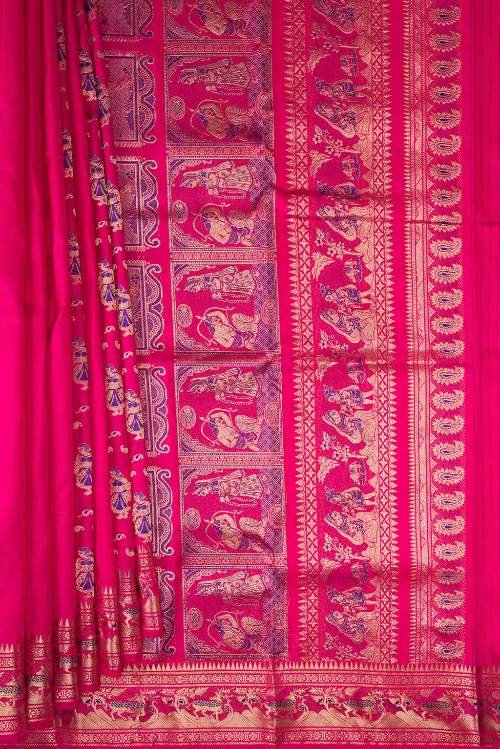 Pleats and pallu of Pure Silk Pink Baluchari Saree with Zari And Thread Butta on the body and Zari And Thread Border. 