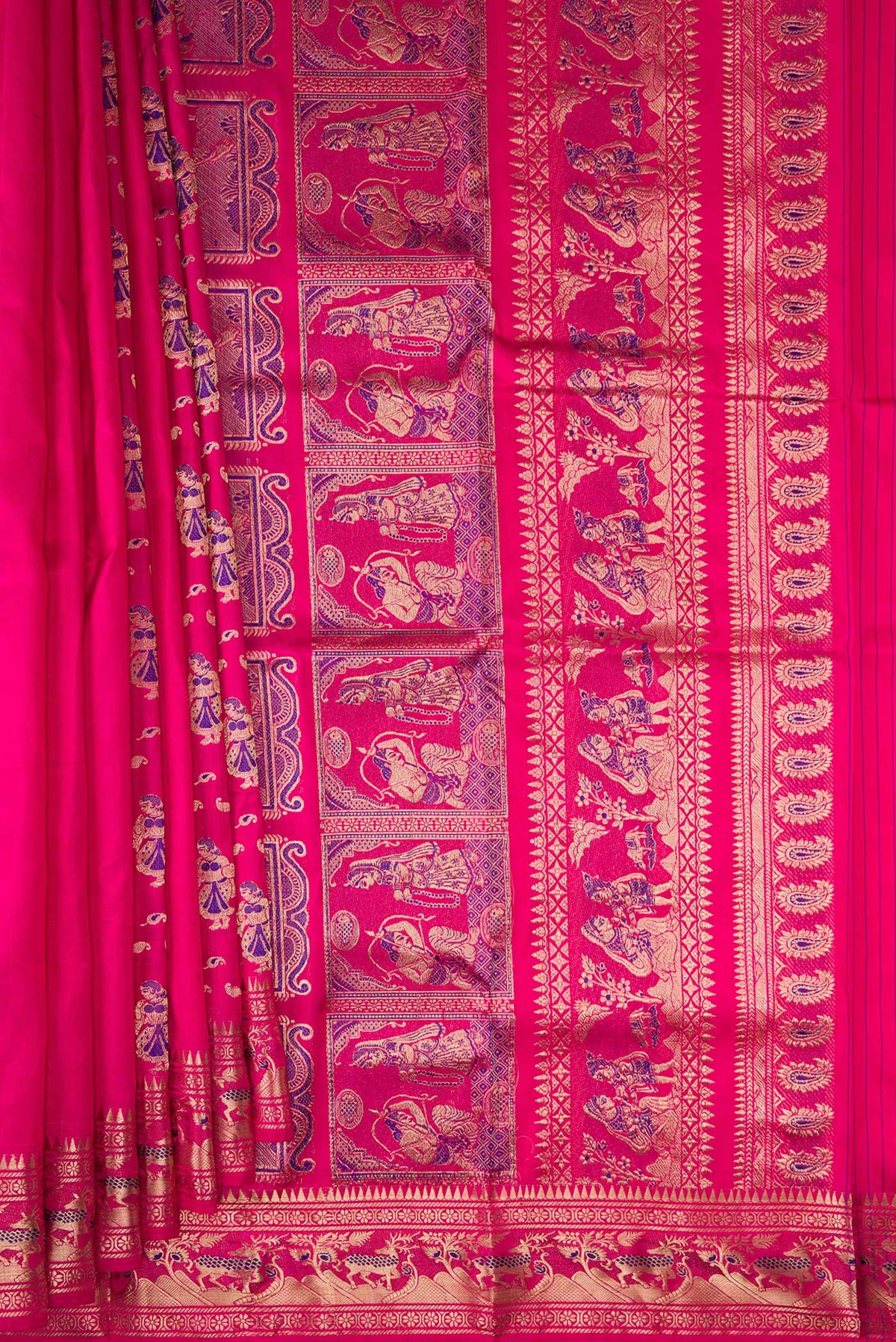 Pleats and pallu of Pure Silk Pink Baluchari Saree with Zari And Thread Butta on the body and Zari And Thread Border. 