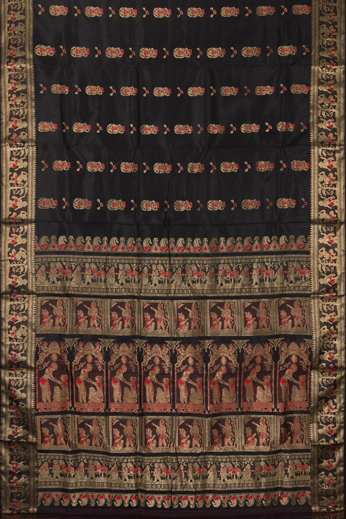 Flat view of Pure Silk Black Baluchari Saree with Zari And Thread Butta on the body and Fancy Border. 