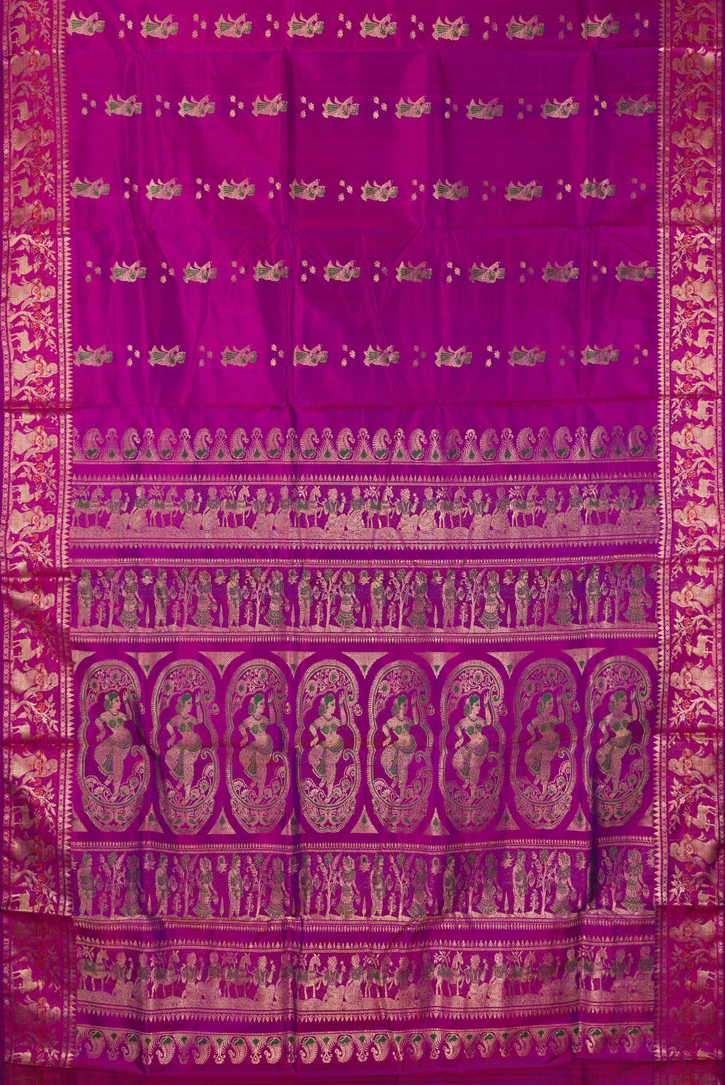 Flat view of Pure Silk Magenta Baluchari Saree with Zari And Thread Butta on the body and Zari And Thread Border. 
