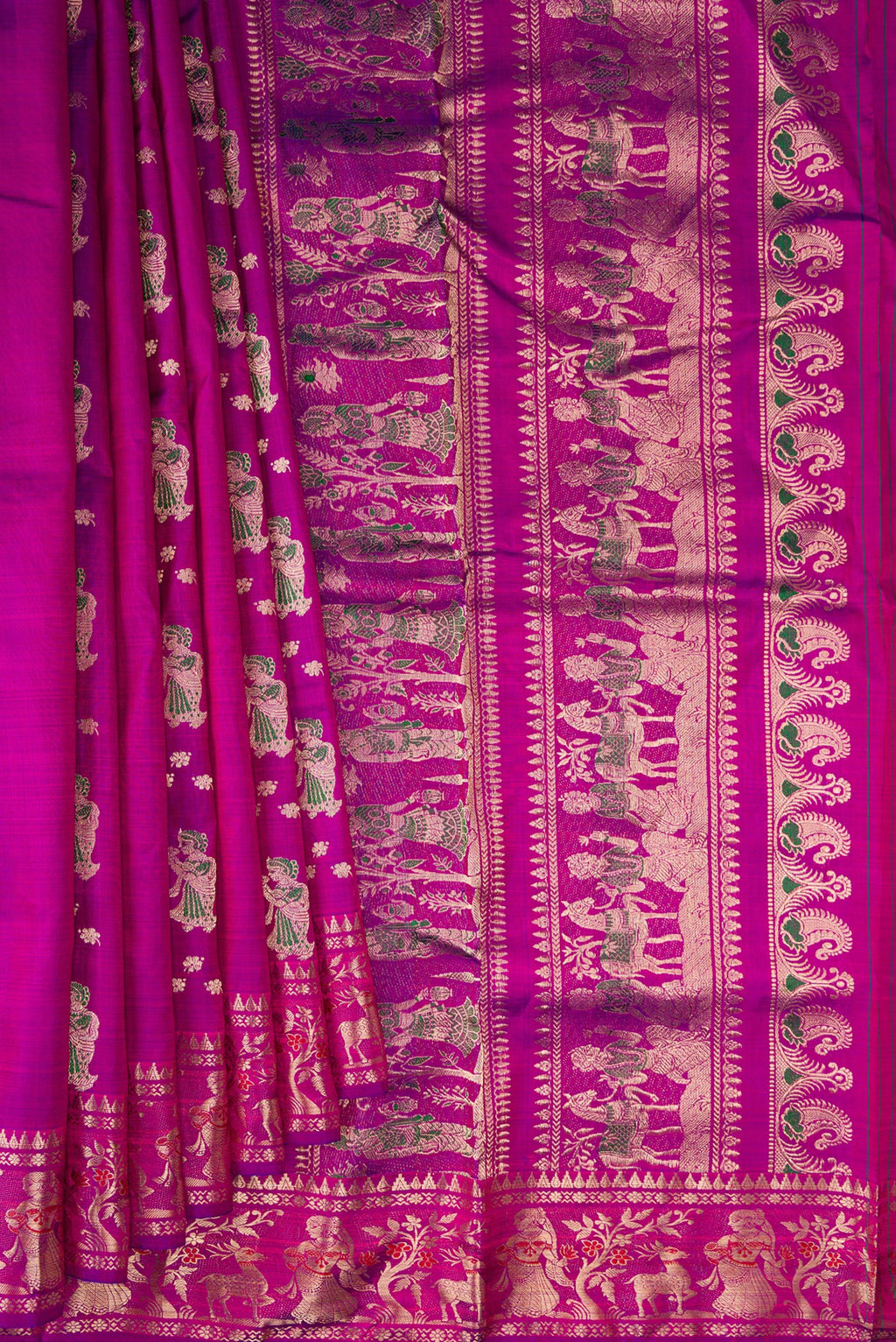 Pleats and pallu of Pure Silk Magenta Baluchari Saree with Zari And Thread Butta on the body and Zari And Thread Border. 