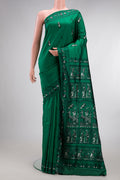 Pure Silk Green Baluchari Saree with Thread Butta on the body and Thread Border.  displayed on a mannequin