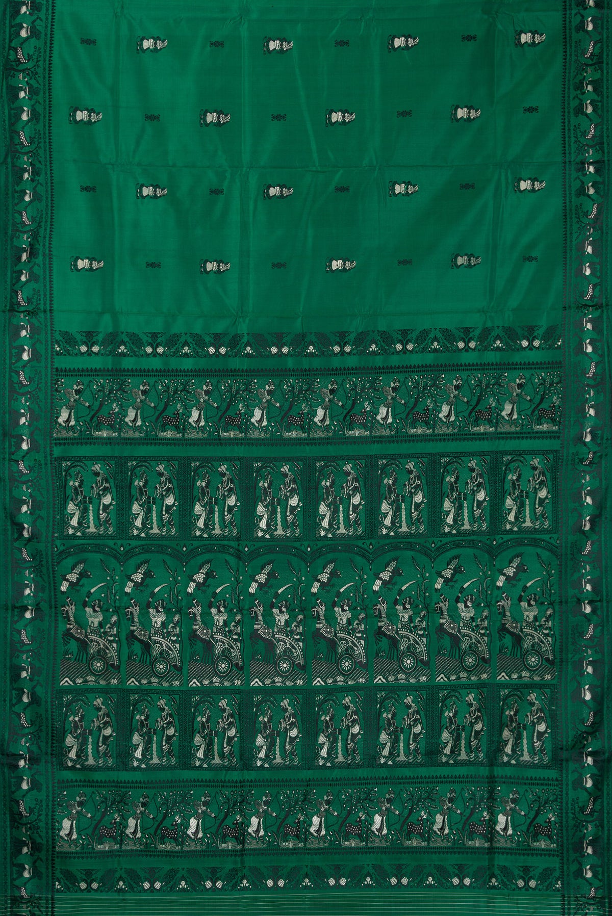Flat view of Pure Silk Green Baluchari Saree with Thread Butta on the body and Thread Border. 