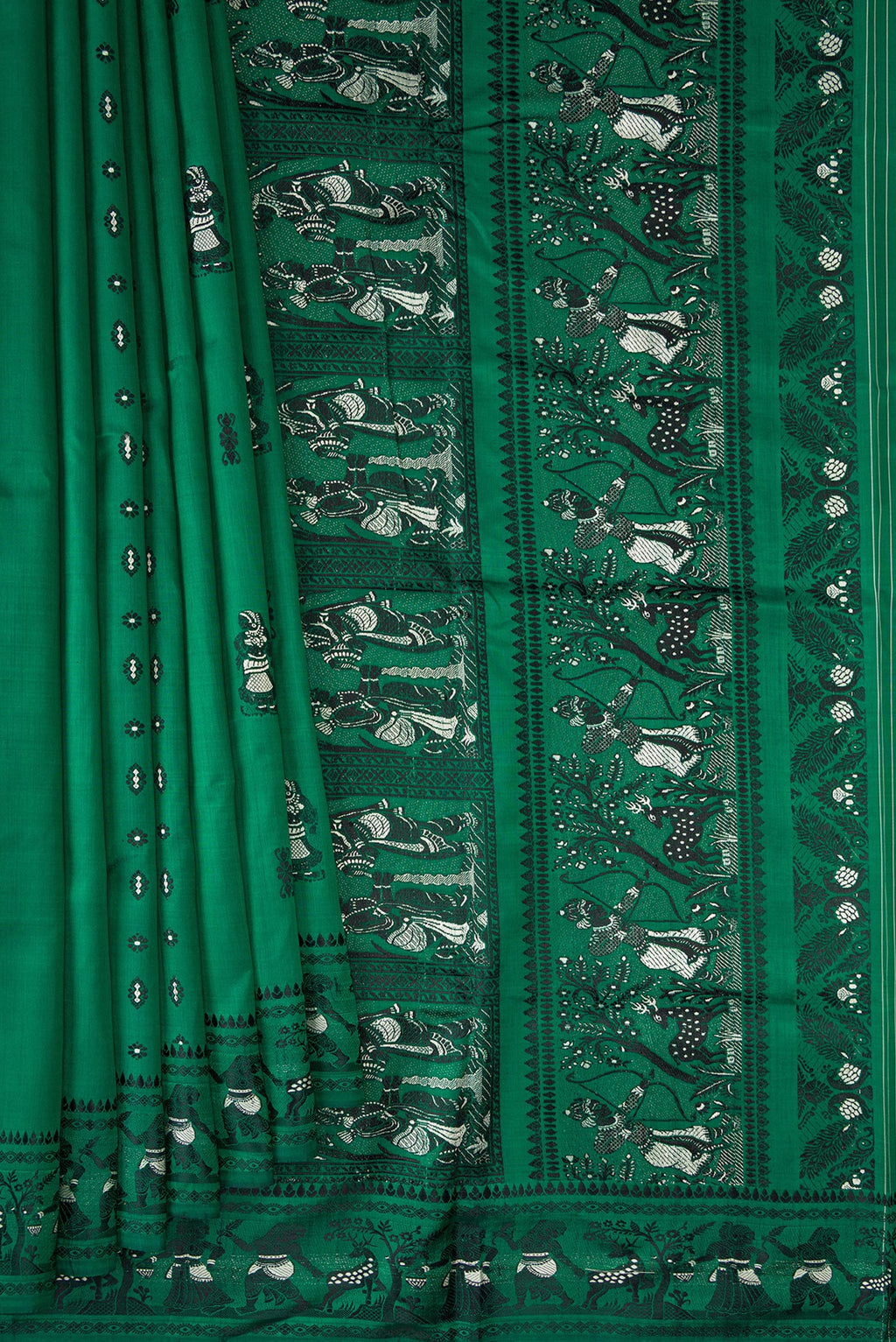 Pleats and pallu of Pure Silk Green Baluchari Saree with Thread Butta on the body and Thread Border. 