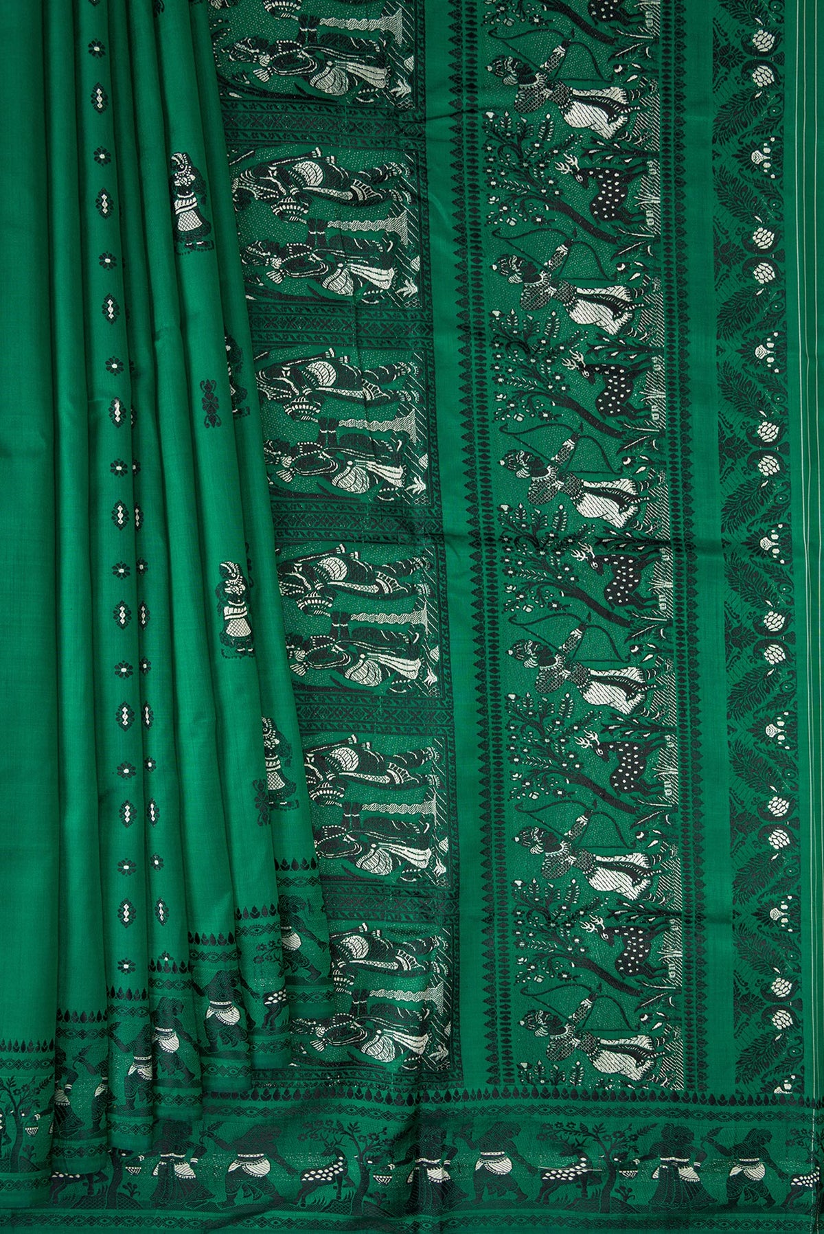 Pleats and pallu of Pure Silk Green Baluchari Saree with Thread Butta on the body and Thread Border. 