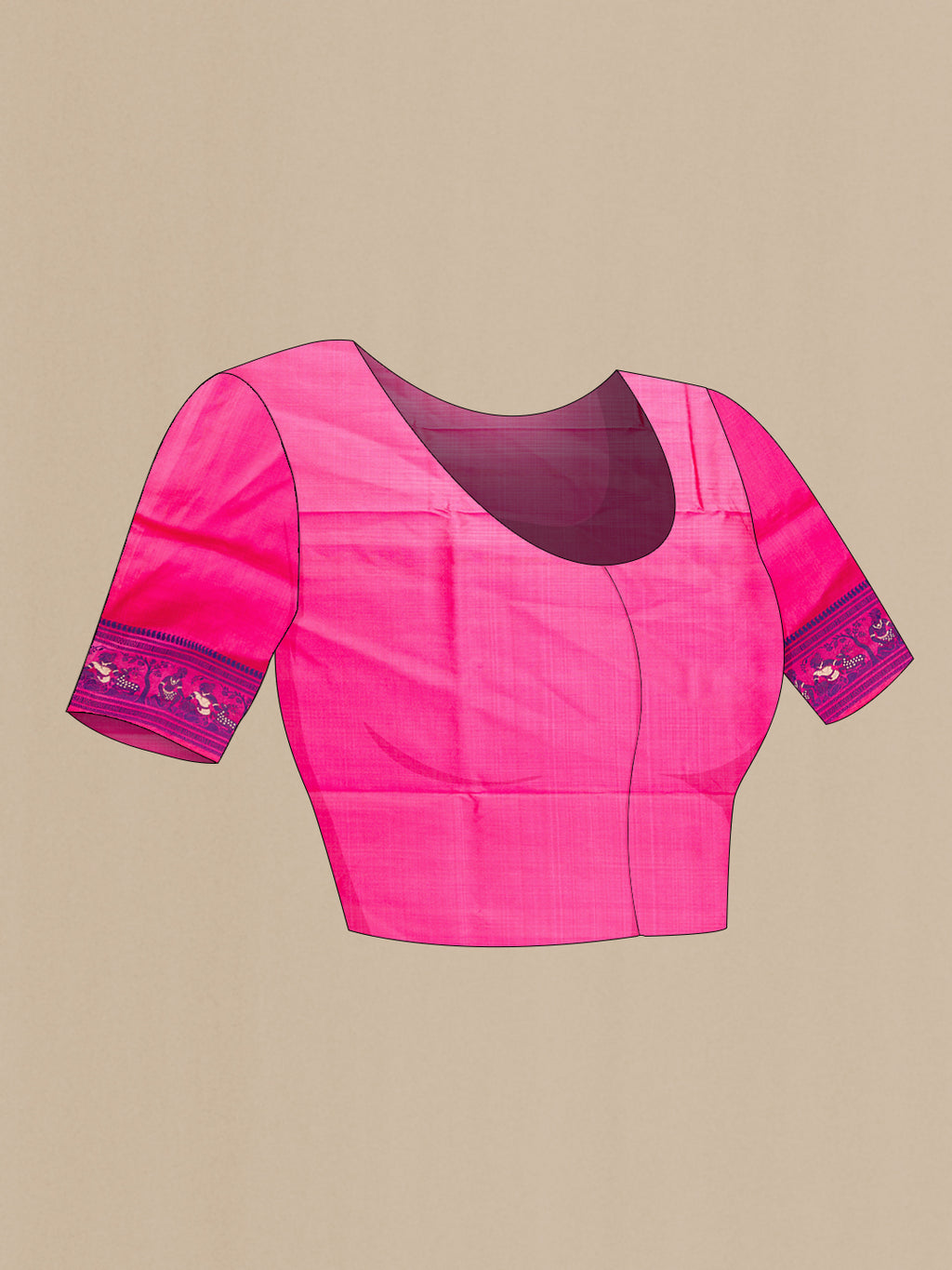 Close up image of the blouse of Pure Silk Pink Baluchari Saree with Thread Butta on the body and Thread Border. 