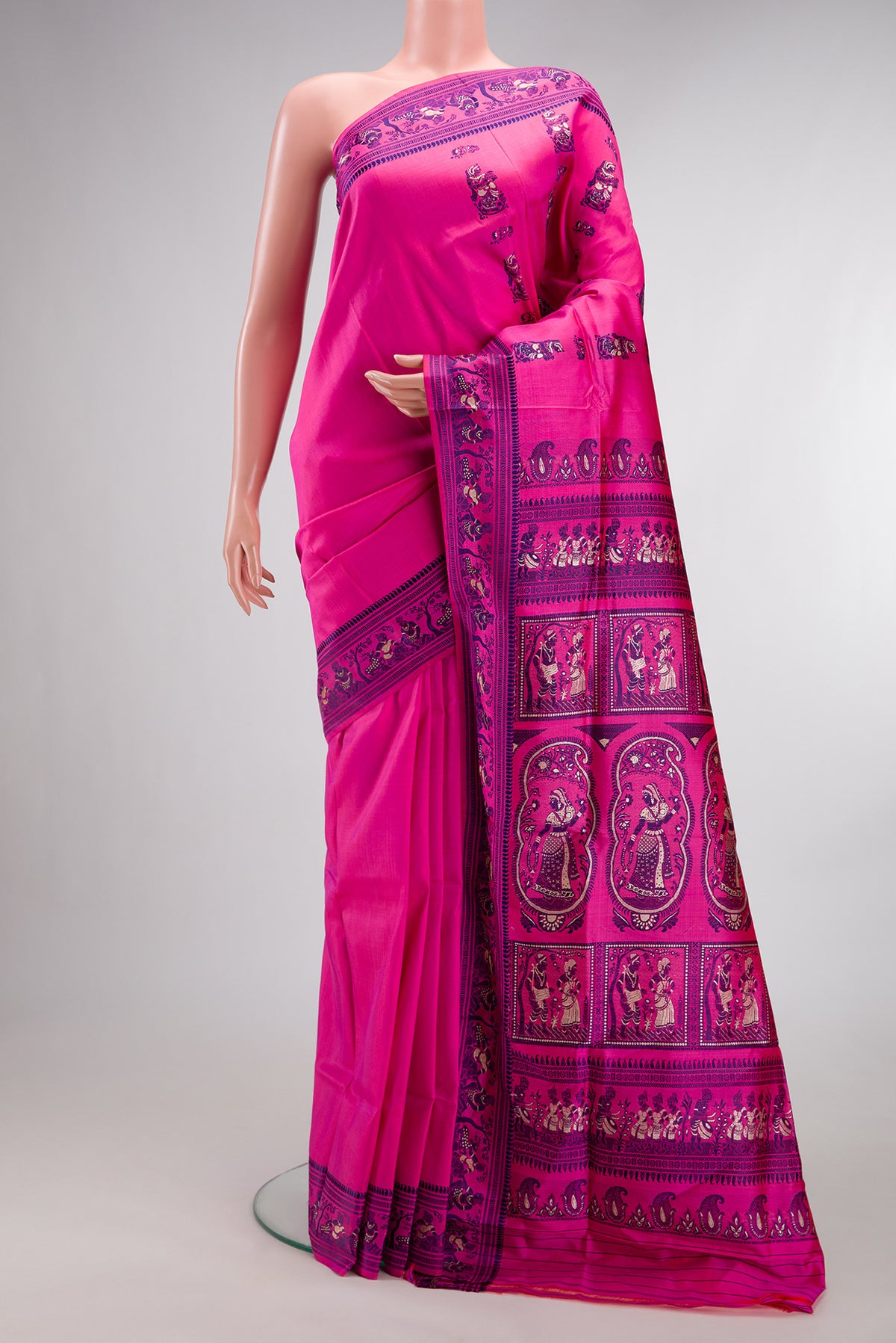 Pure Silk Pink Baluchari Saree with Thread Butta on the body and Thread Border.  displayed on a mannequin