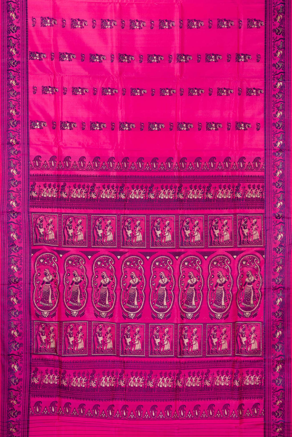 Flat view of Pure Silk Pink Baluchari Saree with Thread Butta on the body and Thread Border. 