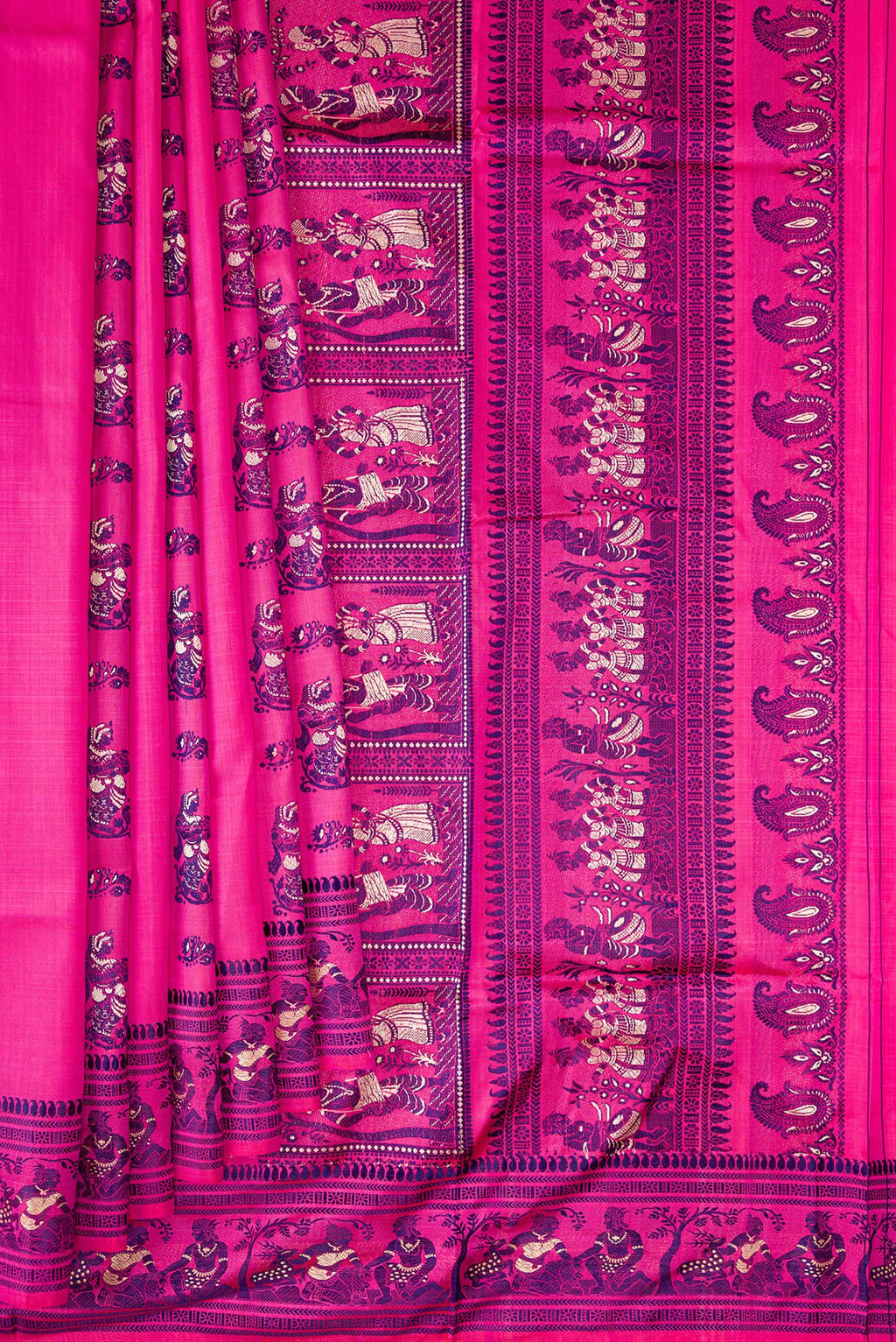 Pleats and pallu of Pure Silk Pink Baluchari Saree with Thread Butta on the body and Thread Border. 