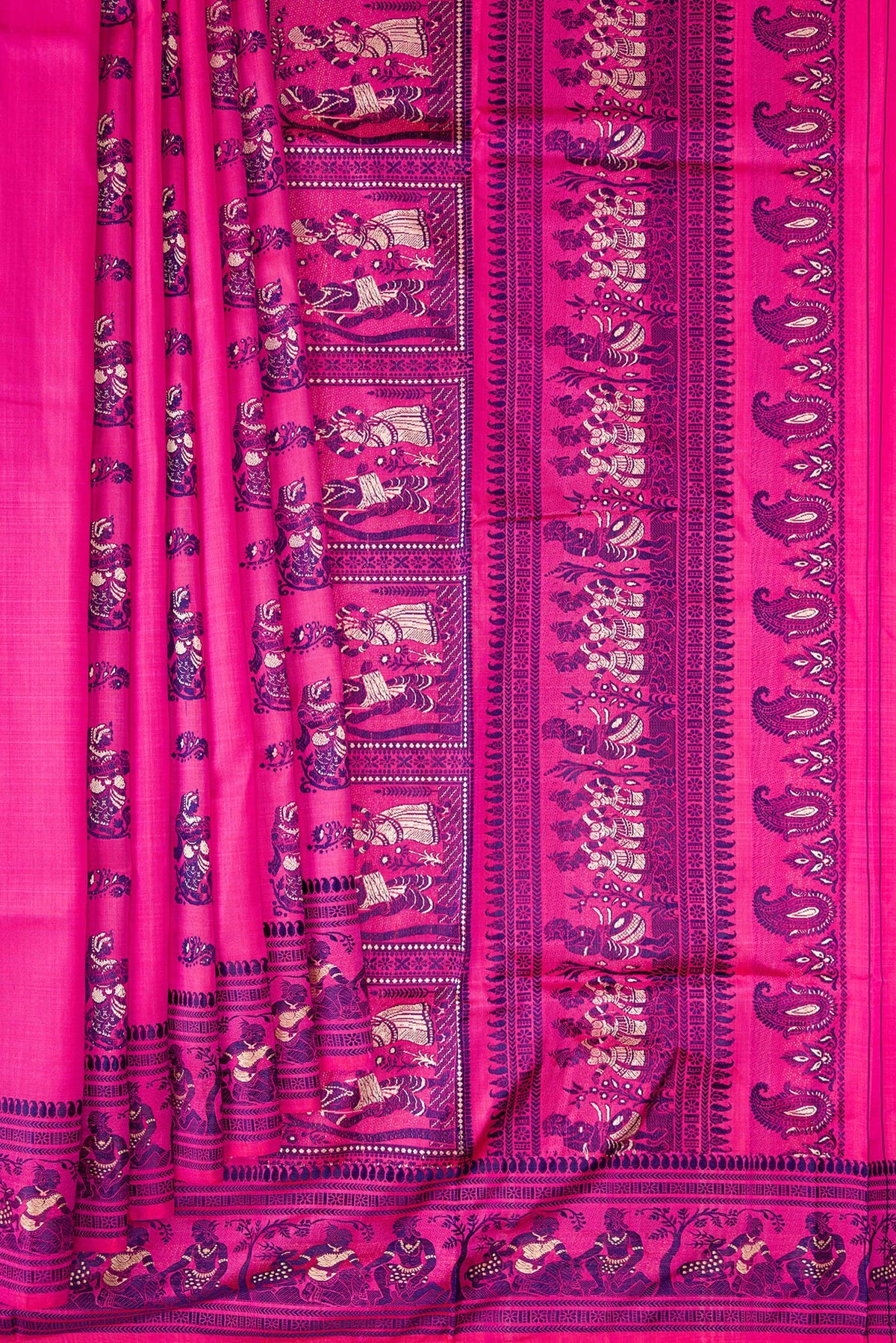 Pleats and pallu of Pure Silk Pink Baluchari Saree with Thread Butta on the body and Thread Border. 