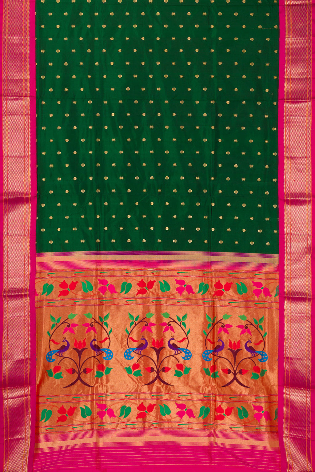 Flat view of Pure Silk Bottle Green Paithani Saree with Zari Butta on the body and Zari Border. 