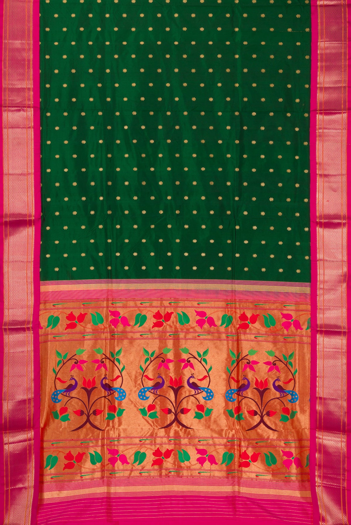 Flat view of Pure Silk Bottle Green Paithani Saree with Zari Butta on the body and Zari Border. 