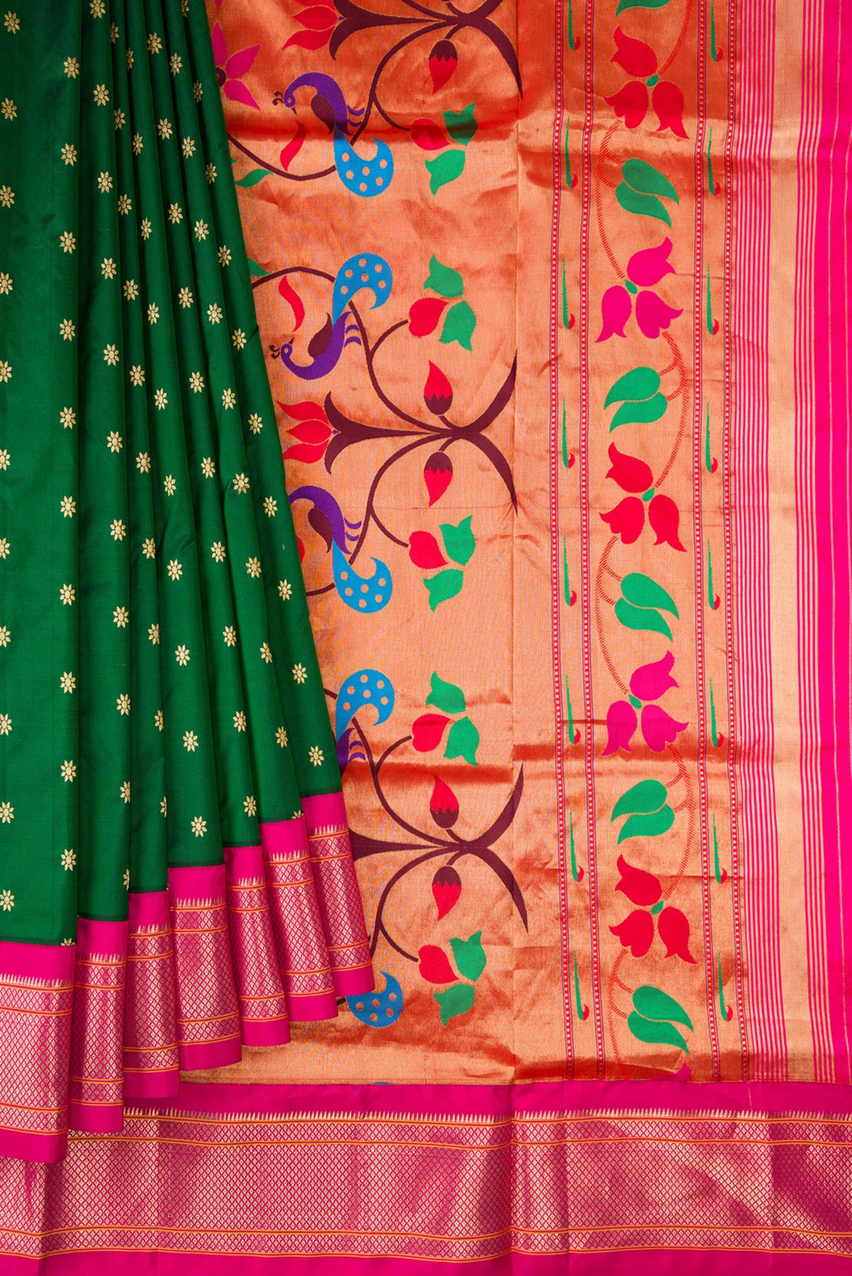 Pleats and pallu of Pure Silk Bottle Green Paithani Saree with Zari Butta on the body and Zari Border. 