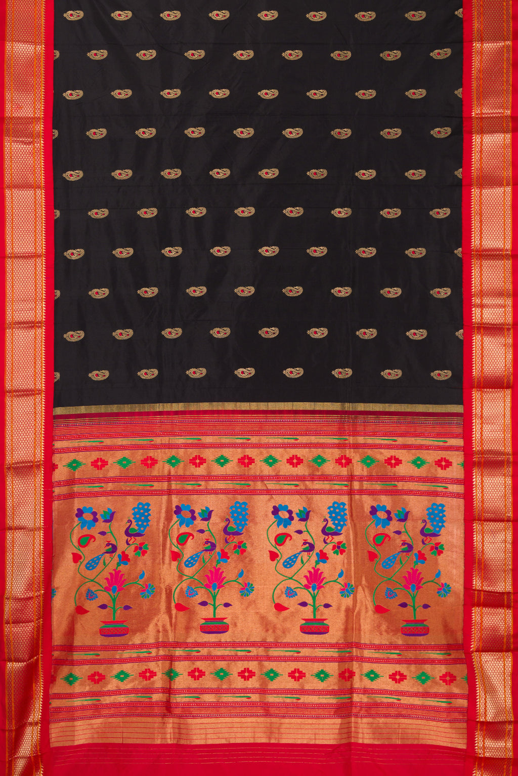 Flat view of Pure Silk Black Dual Tone Paithani Saree with Zari And Thread Butta on the body and Zari Border. 
