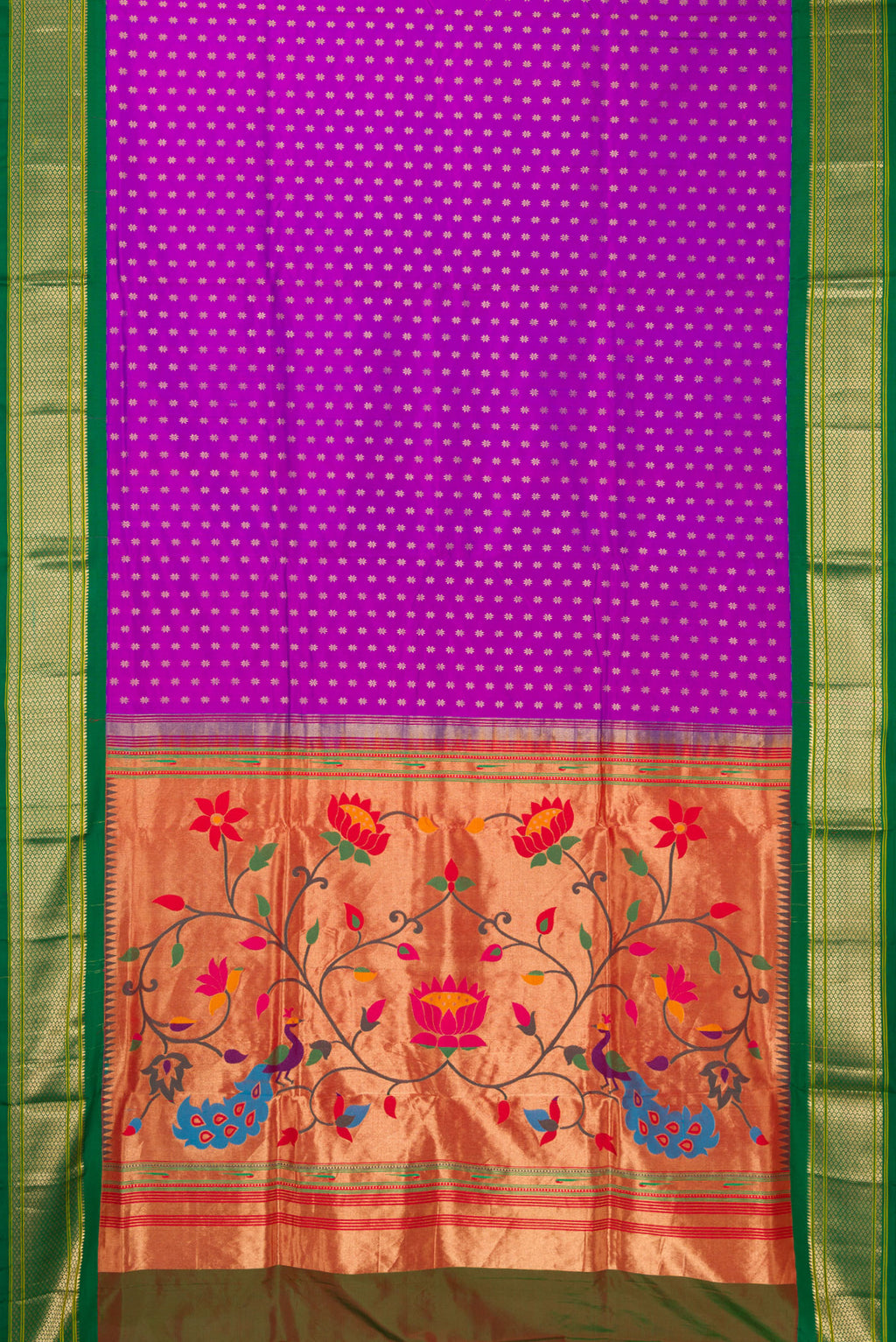 Flat view of Pure Silk Purple Paithani Saree with Zari Butta on the body and Zari Border. 