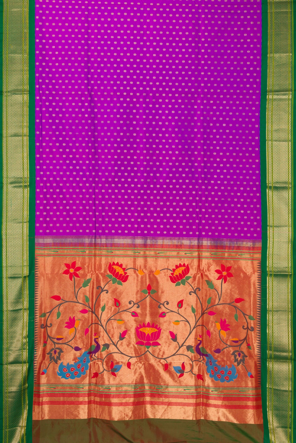 Flat view of Pure Silk Purple Paithani Saree with Zari Butta on the body and Zari Border. 