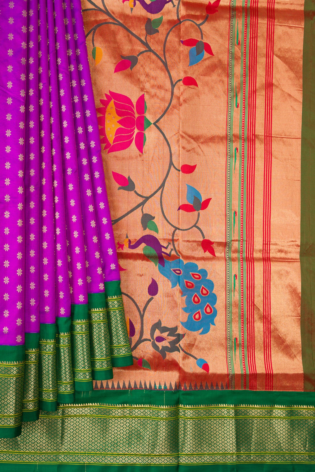 Pleats and pallu of Pure Silk Purple Paithani Saree with Zari Butta on the body and Zari Border. 