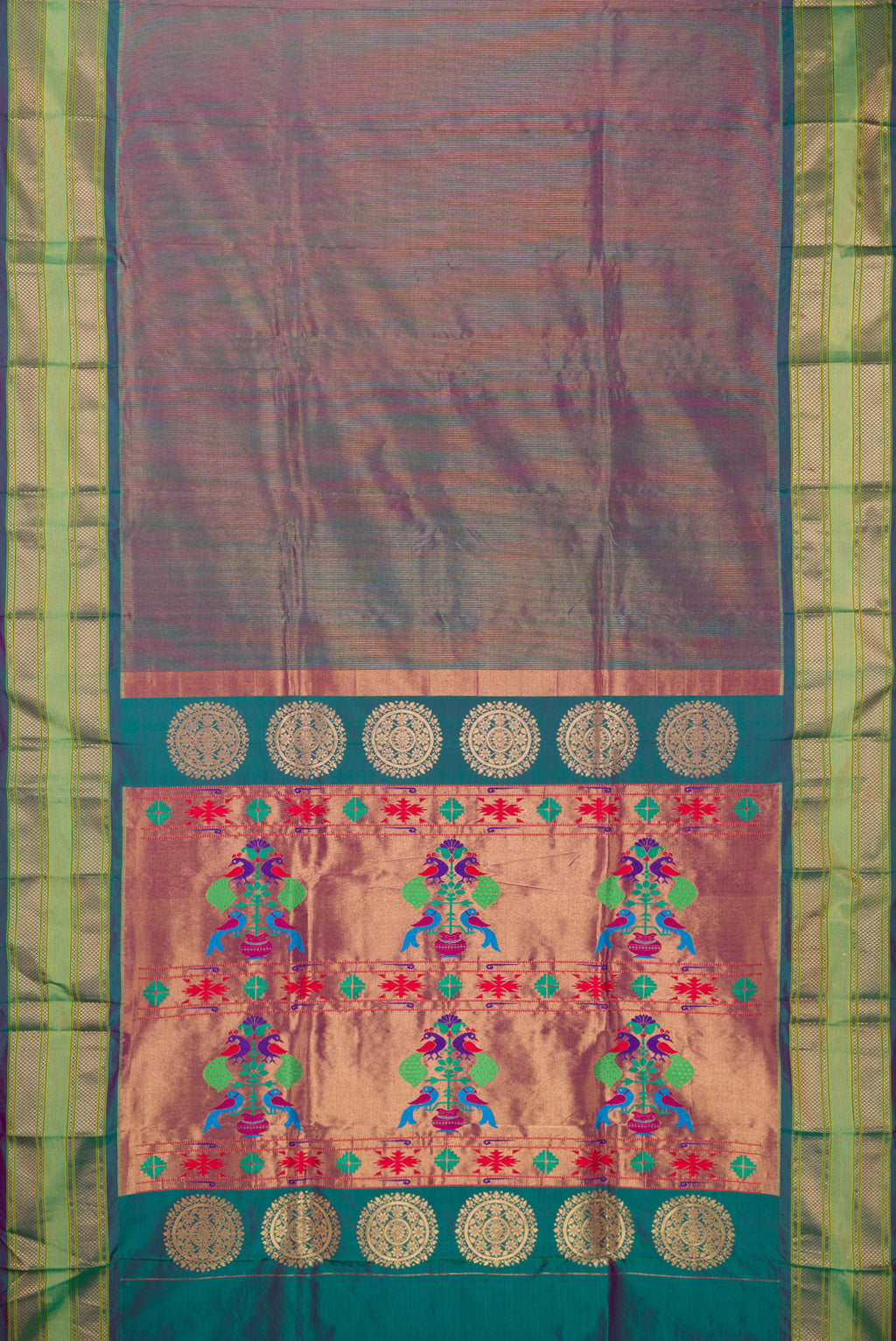Flat view of Pure Silk Purple Dual Tone Paithani Saree with Stripes on the body and Fancy Border. 