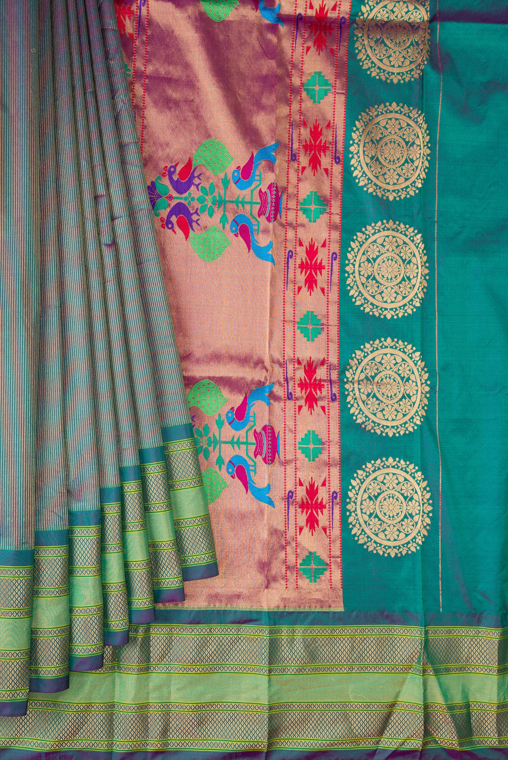 Pleats and pallu of Pure Silk Purple Dual Tone Paithani Saree with Stripes on the body and Fancy Border. 