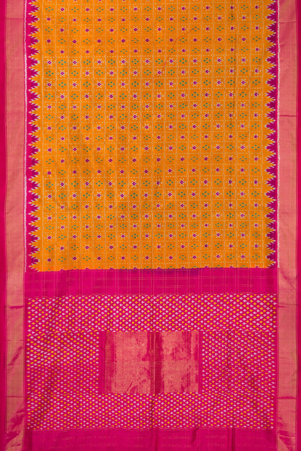 Flat view of Pure Silk Mustard Pochampally Saree with Pure Ikat on the body and Ikat Border. 