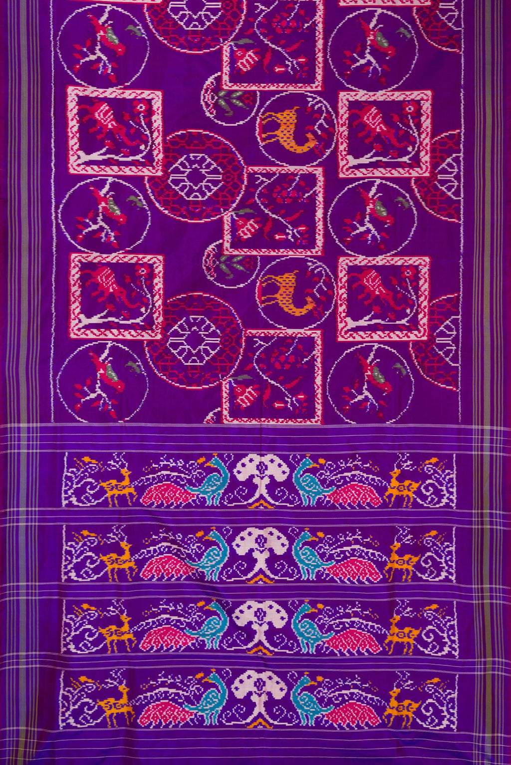 Flat view of Pure Silk Purple Pochampally Saree with Pure Ikat on the body and Ikat Border. 