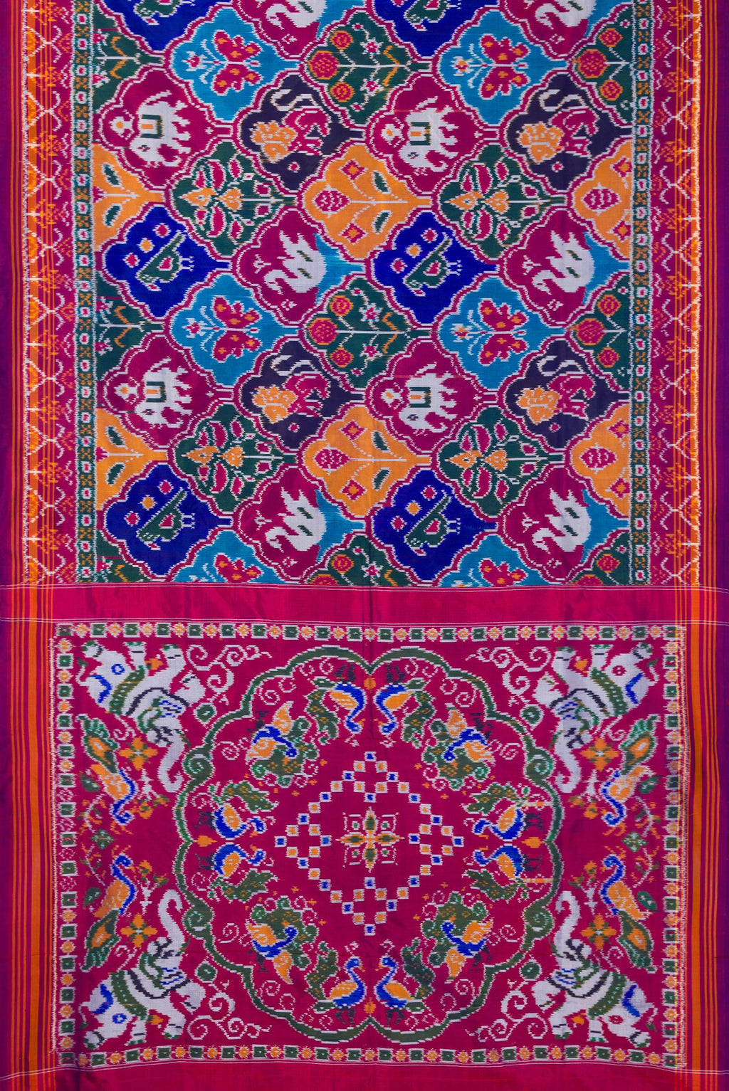 Flat view of Pure Silk Multi Color Pochampally Saree with Pure Ikat on the body and Ikat Border. 