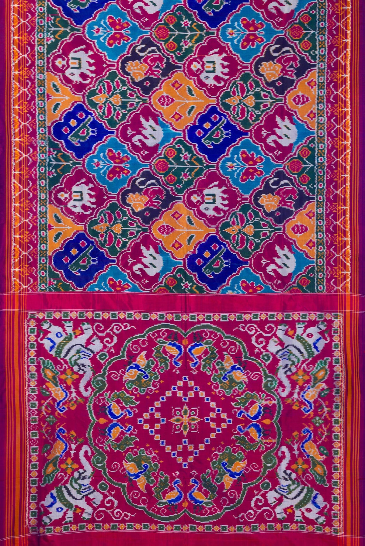 Flat view of Pure Silk Multi Color Pochampally Saree with Pure Ikat on the body and Ikat Border. 