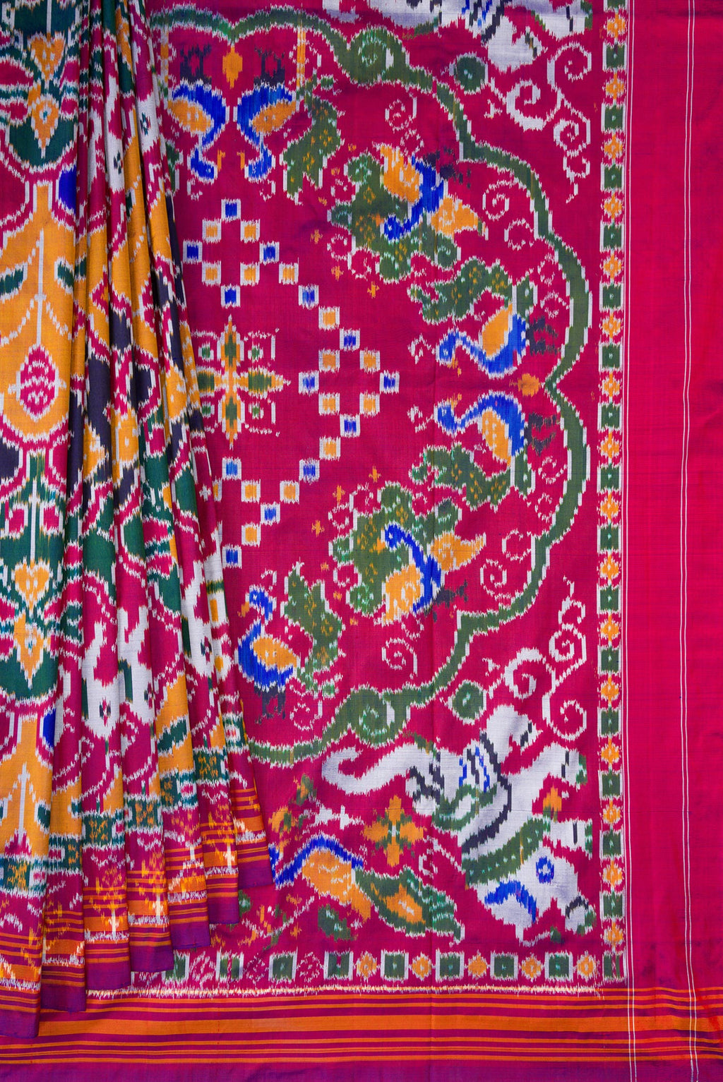 Pleats and pallu of Pure Silk Multi Color Pochampally Saree with Pure Ikat on the body and Ikat Border. 