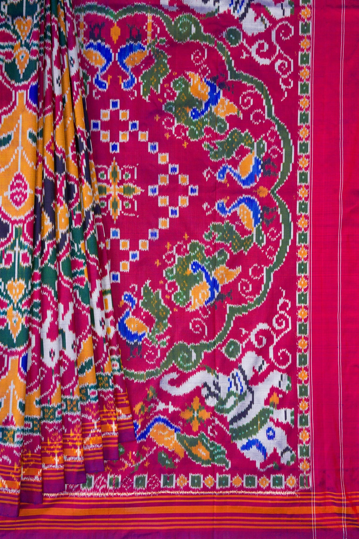 Pleats and pallu of Pure Silk Multi Color Pochampally Saree with Pure Ikat on the body and Ikat Border. 