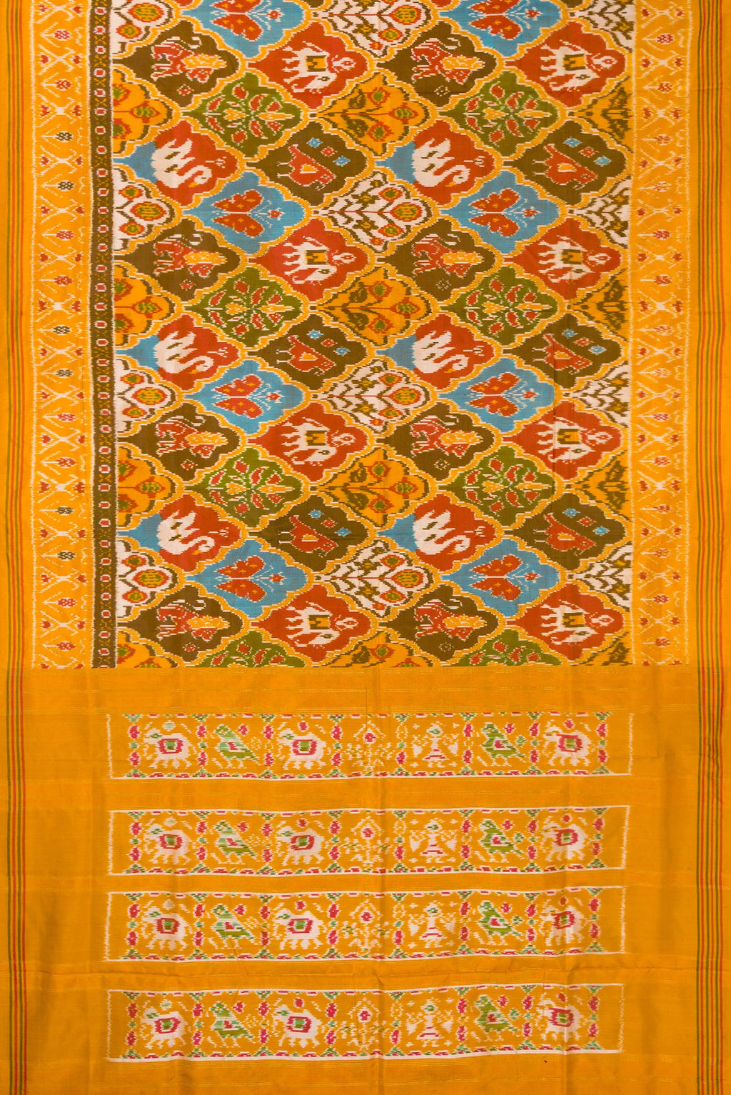 Flat view of Pure Silk Mustard Pochampally Saree with Pure Ikat on the body and Ikat Border. 