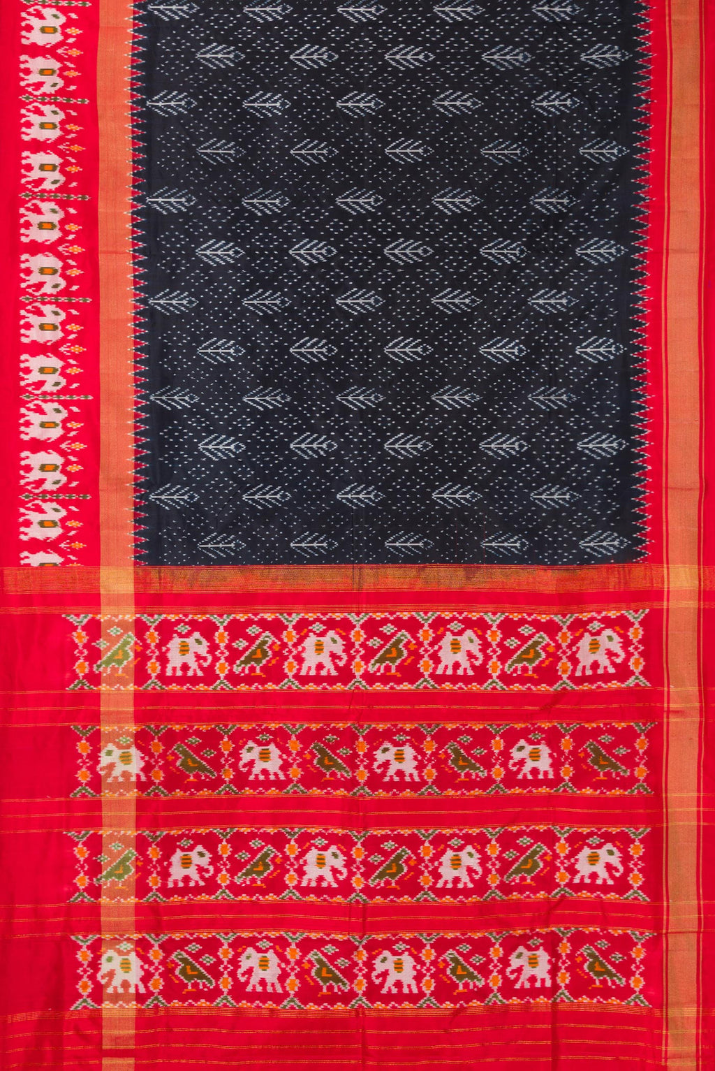 Flat view of Pure Silk Navy Blue Dual Tone Double Ikat Saree with Ikat Print on the body and Ikat Border. 