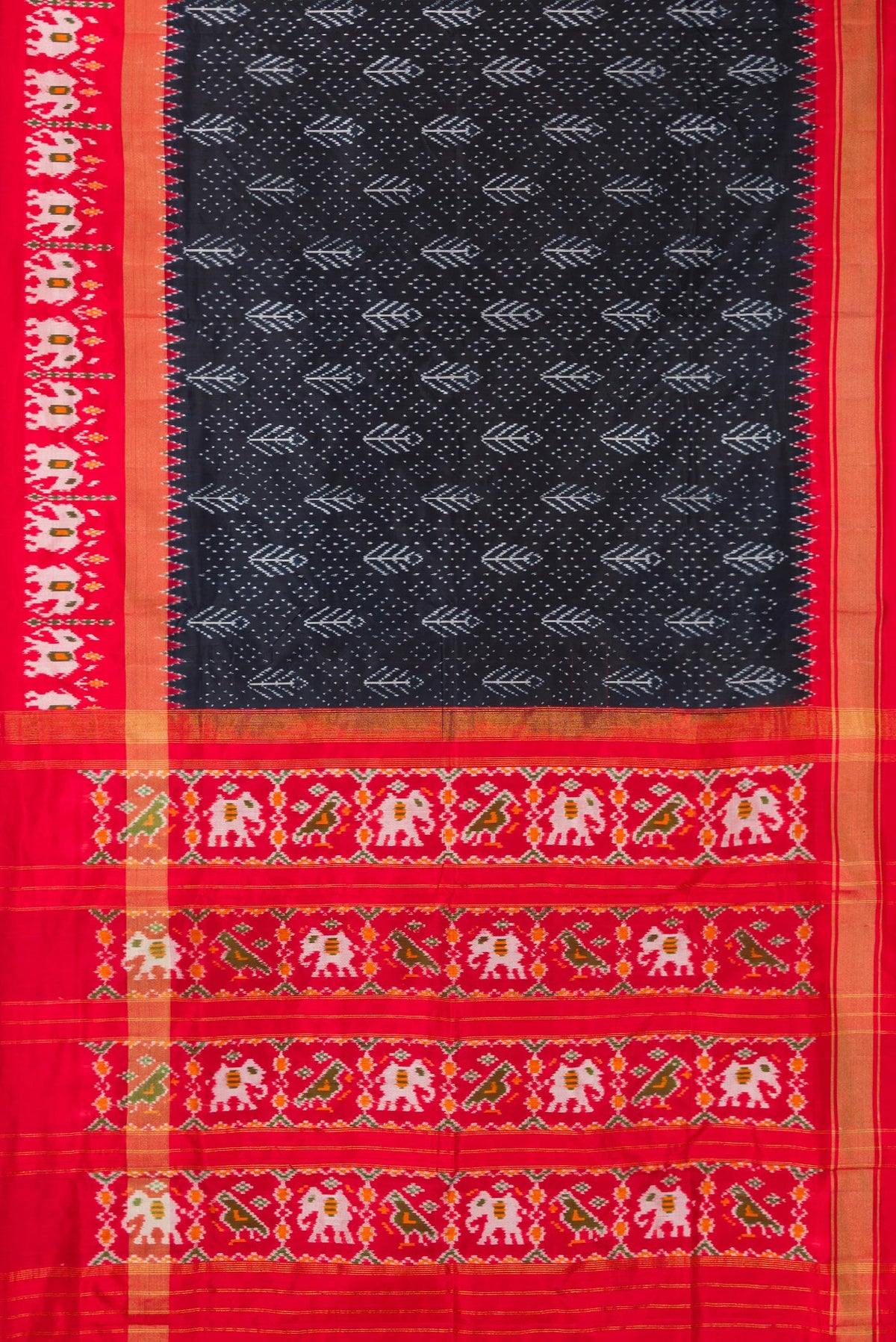 Flat view of Pure Silk Navy Blue Dual Tone Double Ikat Saree with Ikat Print on the body and Ikat Border. 