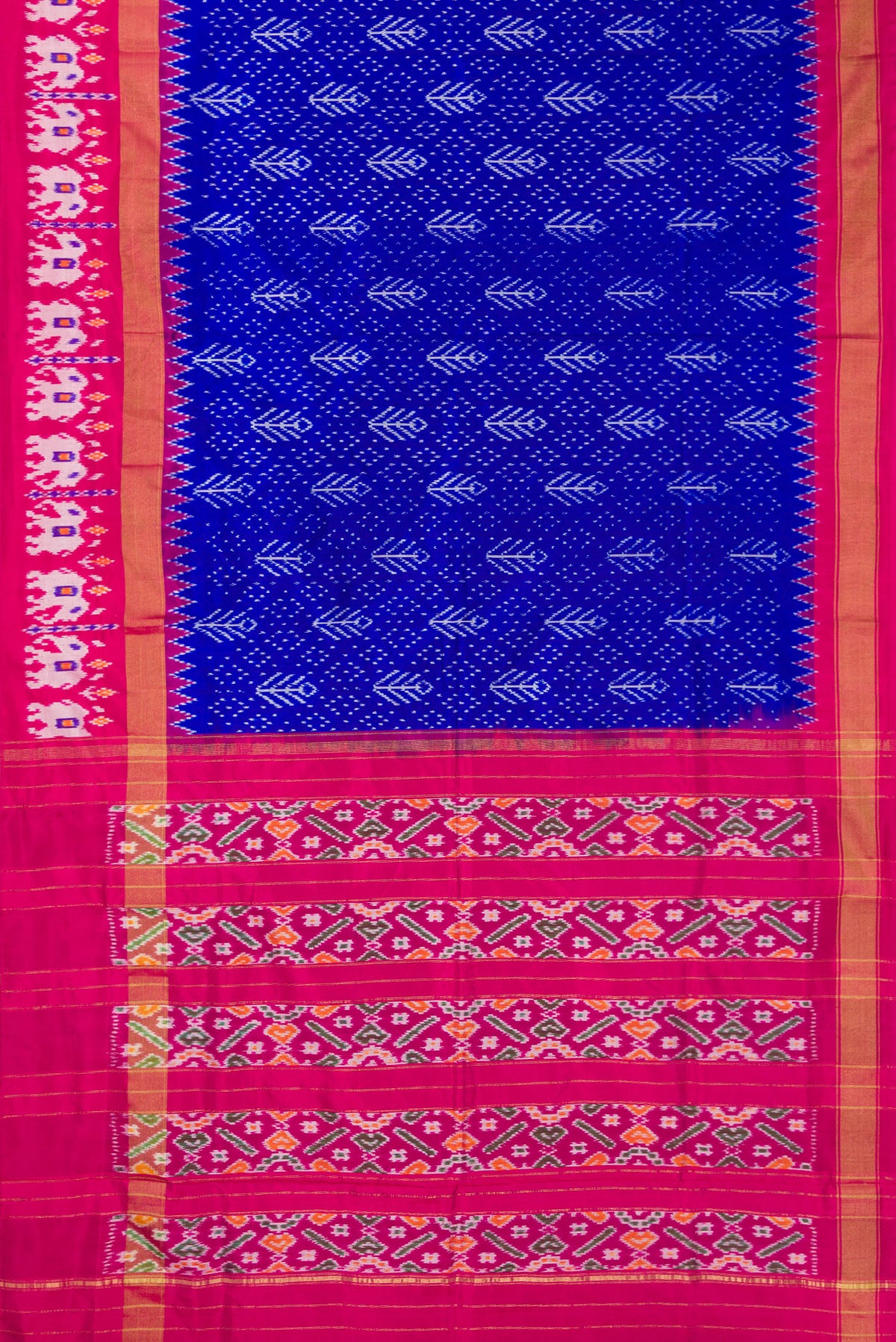 Flat view of Pure Silk Royal Blue Pochampally Saree with Pure Ikat on the body and Ikat Border. 