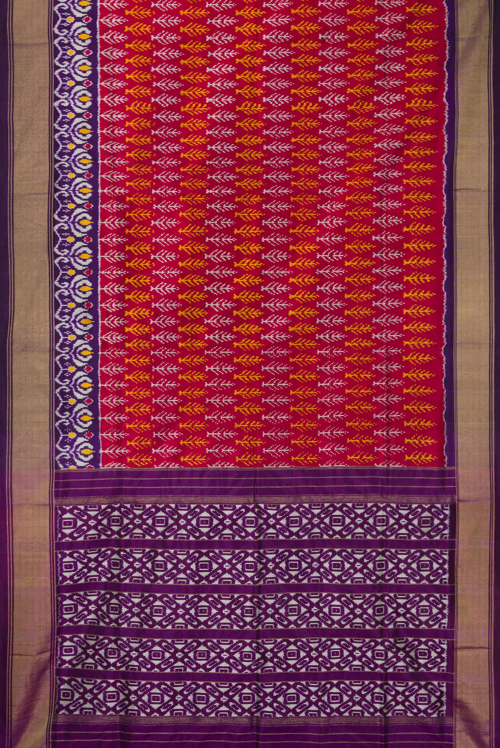 Flat view of Pure Silk Deep Red Pochampally Saree with Pure Ikat on the body and Ikat Border. 